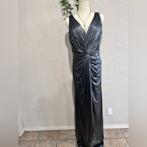Tadashi Shoji Metallic Charcoal Grey Draped Maxi Dress